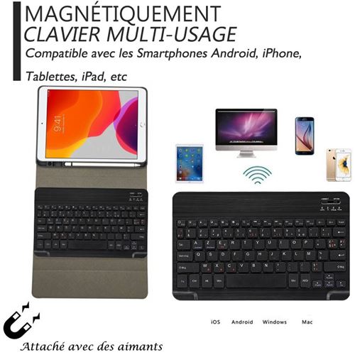 Clavier HSMY Bluetooth sans Fil Français AZERTY + Support tablette,  Compatible avec Système Android/iOS - Argent&Blanc - Clavier pour tablette