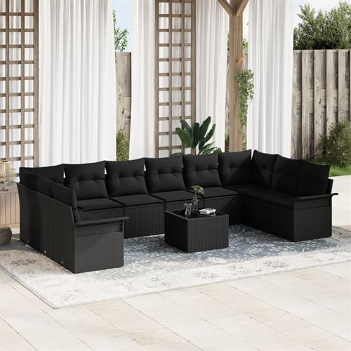 Non Communiqué Beige/Noir Set De Canapé De Jardin 11 Pièces Avec Coussins Rotin Poly, Canapé De Jardin 2 Places Avec Rangement Et Coussins Rot