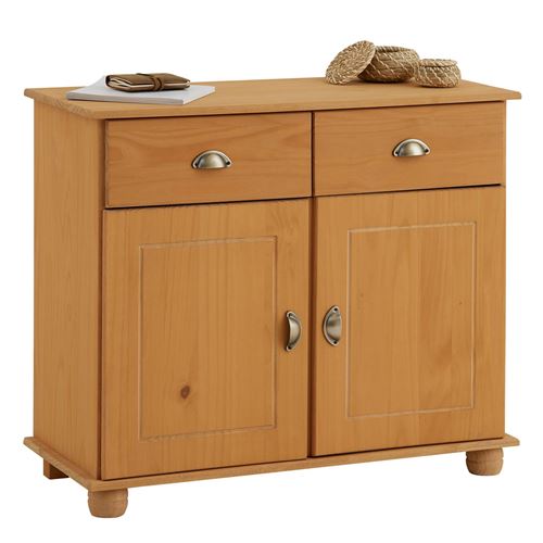 Buffet COLMAR en pin massif, 2 tiroirs et 2 portes, finition teintée et cirée