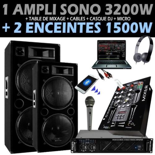 Pack sono dj avec ampli 3200w + 2 enceintes 1500w + mixage + casque + micro  + câbles.. pa dj sono mix, Enceintes, baffle et amplis DJ, Top Prix