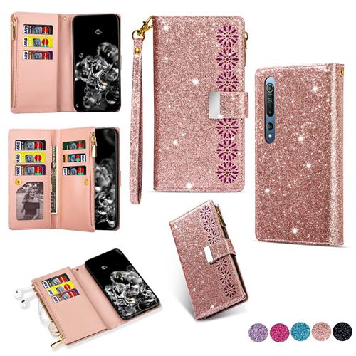 Etui en PU Fermeture éclair scintillante au laser or rose pour votre Xiaomi Mi 10/Mi 10 Pro