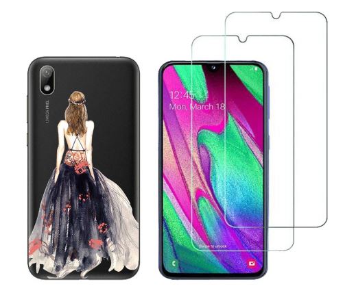 Coque et 2 films HUAWEI Y5 2019 - Coque souple Solide fantaisie + 2 Films en Verre trempé résistants Anti Casse écran - Robe bleue