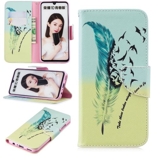 Etui en PU feuille de papier pour l'impression de motifs motif de plumes pour votre Huawei P Smart (2019)/Honor 10 Lite