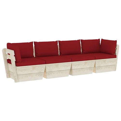 Canapé Palette à 4 Places de Jardin avec Coussins en Polyester - Rouge