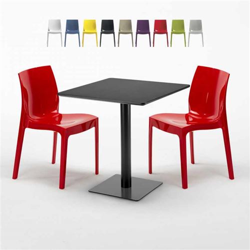 Table carrée noire 70x70 avec 2 chaises colorées Ice Kiwi, Couleur: Rouge