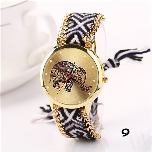 Montre Femme Genève tressé-bricolage éléphant main nationale Noir