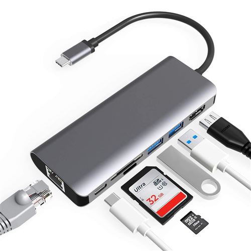 Hub USB Multiprise Type-C HDMI 4K Converter 3.0hubsd / tf lecteur de carte PD chargement 7 en 1 dock d'extension gris