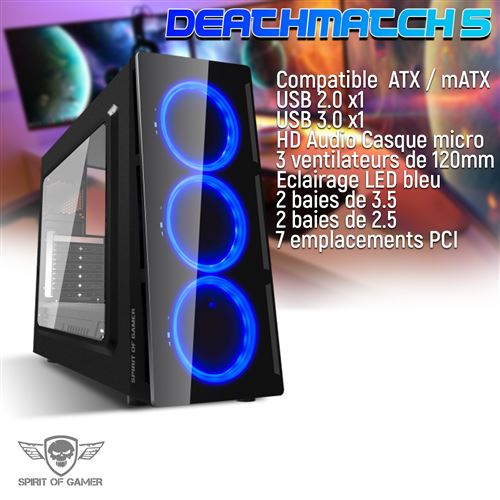Boitier PC Deathmatch 5 bleu Spirit of Gamer - Avec fenêtre - Ventilateur LED bleu