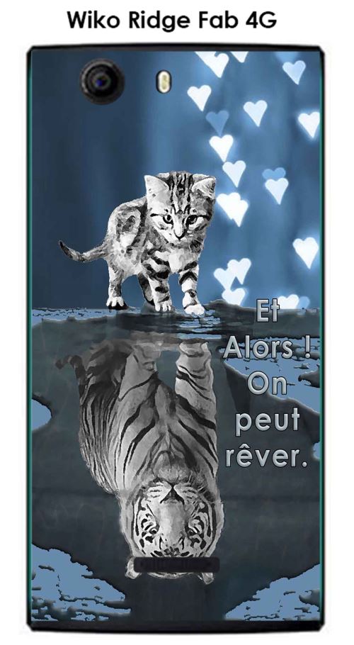 Coque TPU gel souple Wiko Ridge Fab 4G design Chat Tigre Blanc fond bleu noir Et Alors !