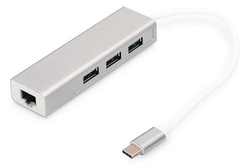Digitus 70255 3 Port USB Hub Type C Gigabit Ethernet, supporte Les Window Apple Mac OS Argent