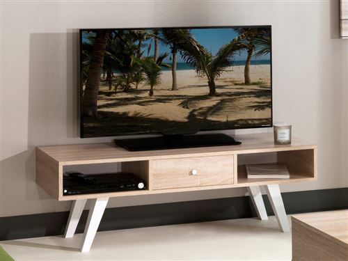 Meuble TV 1 tiroir 2 niches en bois Longueur 117 cm NORA - Blanc / chêne