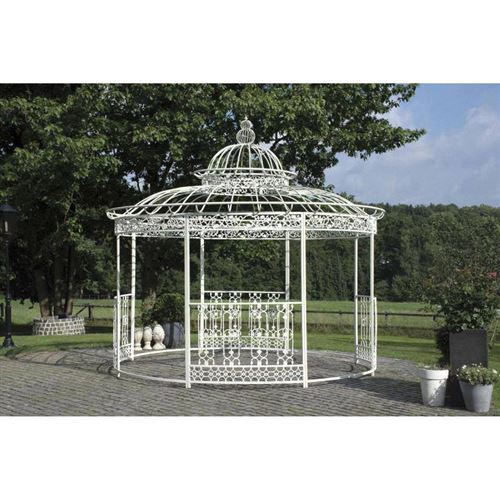 L'Héritier Du Temps - Grande tonnelle kiosque de jardin pergola abris rond kiosque en fer forgé et fonte blanc 340x370x370cm
