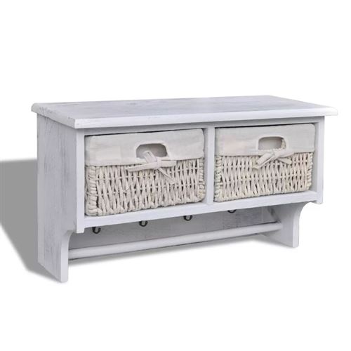 Etagère murale blanche en bois avec 2 paniers à tisser et 4 crochets