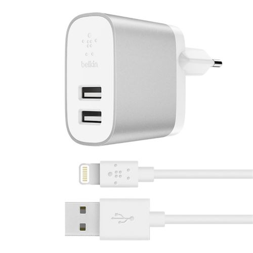 Belkin BOOST CHARGE 2-Port Home Charger - Netspanningsadapter - 24 Watt - 4.8 A - 2 uitgangsaansluitingen (USB) - op kabel: Lightning - zilver