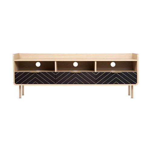 Meuble TV - Style chic - Panneaux de particules - Chene et motifs - L 140 x l 40 x H 50 cm - Avec 3 tiroirs et 3 etageres - LINE
