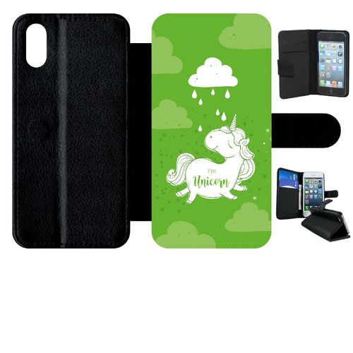 Etui My-Kase pour iPhone X - unicorne nuage fond vert - Simili-cuir Noir