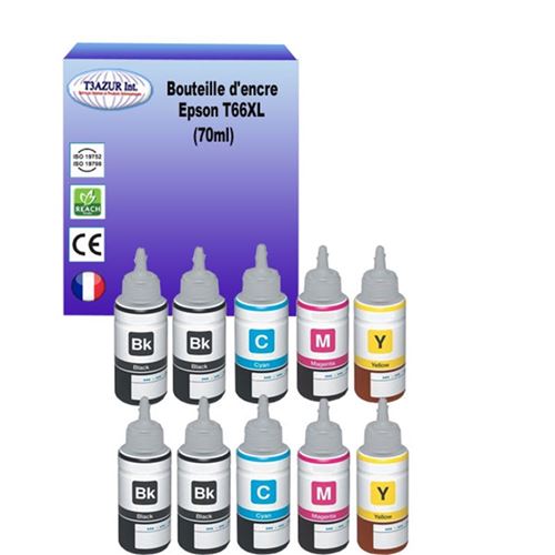 10 bouteilles encre compatibles avec Epson T66XL pour Epson EcoTank ET2600, ET2610, ET2650 (70ml) - T3AZUR