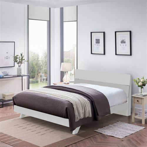 Lit double design moderne en bois tÃªte de lit 160x200cm avec sommier et lattes Landeck King, Couleur: Blanc