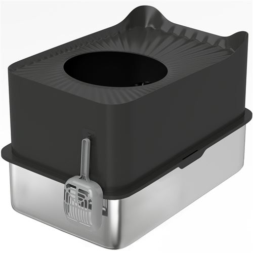 Maison de toilette XL 65L design - bac à litière grande taille 60 x 40 x 38 cm - acier inox ABS noir