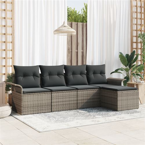 Non Communiqué Gris Ensemble De Canapés De Jardin 5 Pièces Rattan Poly, Canapé De Jardin 2 Places Avec Rangement Et Coussins Rattan Poly