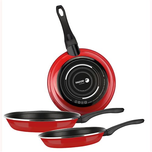 Set de Poêles à Frire Induction 20-24-28 cm Acier Émaillé Antiadhésif sans PFOA FAGOR Optimax  Rouge