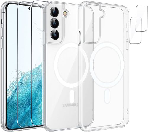 Coque Silicone Transparente Compatible Magsafe + Verres Trempes et Protections Camera Arriere Transparent X2 Pour Samsung Galaxy S22 Little Boutik©
