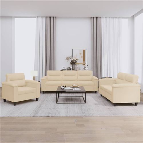 Non Communiqué Crème Ensemble De Canapés 3 Pcs Avec Coussins Tissu Microfibre
