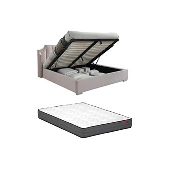 Lit coffre 180 x 200 cm avec tête de lit incurvée - Velours - Rose + Matelas - TEOMIS - 1