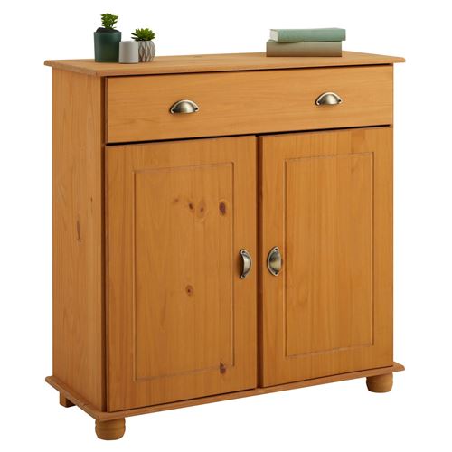 Buffet COLMAR commode bahut vaisselier meuble bas rangement avec 1 tiroir et 2 portes, en pin massif teinté et ciré