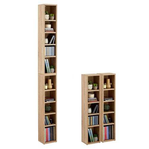 Etagères modulables MUSIQUE pour CD et DVD, lot de 2 meubles de rangement en colonne avec 10 compartiments, en mélaminé chêne sonoma
