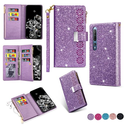 Etui en PU Fermeture éclair scintillante au laser violet pour votre Xiaomi Mi 10/Mi 10 Pro