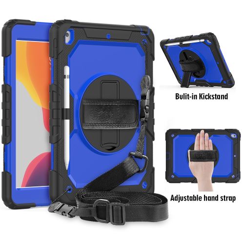 Coque en TPU + Silicone avec béquille pivotante à 360 ° et sangle noir/bleu pour Apple iPad 10.2 (2019)