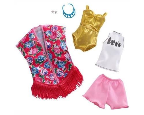 Barbie et ses amies ont fière allure dans ces tenues à la mode! L'ensemble comprend: 1 Bikini, 1 Chemise, 1 Haut blanc, 1 Shorty