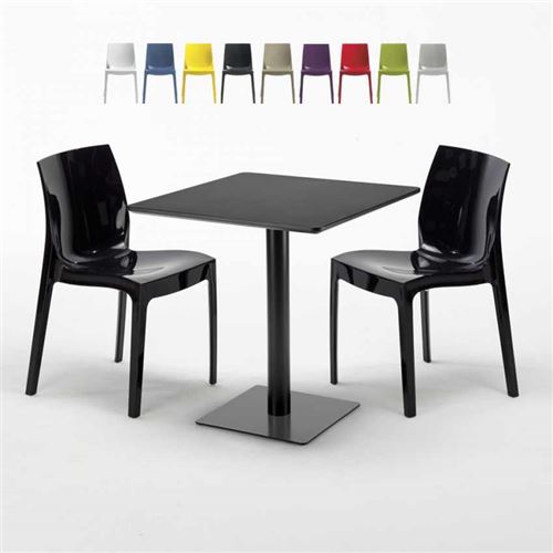Table carrée noire 70x70 avec 2 chaises colorées Ice Kiwi, Couleur: Noir