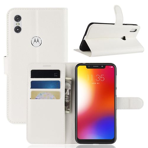 Etui en PU litchi flip blanc pour votre Motorola One/P30 Play