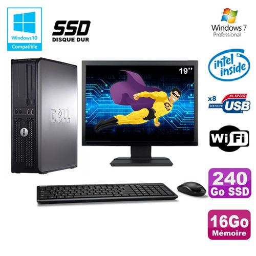 PC Dell Optiplex 780 Dt Intel E7500 2.93Ghz 16Go 240Go SSD WiFi W7Ecran 19'