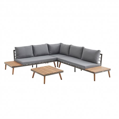 Salon de jardin en bois 5 places - Buenos Aires - Coussins gris canapé d'angle tablettes latérales et table basse en acacia structure alu piétement scandinave design