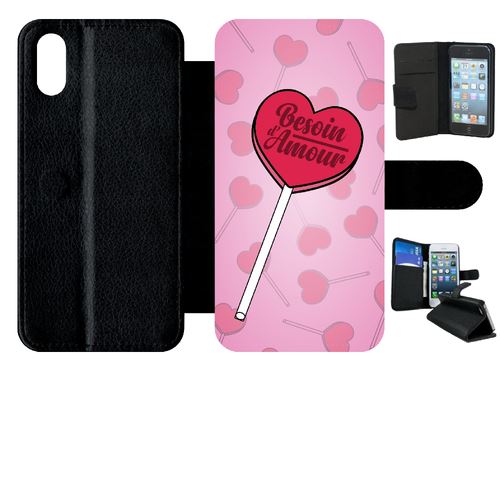 Etui My-Kase pour iPhone X - besoin damour fond rose pale - Simili-cuir Noir