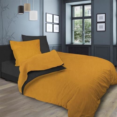 SOLEIL dOCRE Parure de lit bicolore - Coton lave - 240x290 cm - Jaune moutarde et gris anthracite