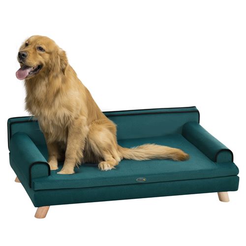Canapé chien lit pour chien design scandinave coussin moelleux piètement bois dim. 100L x 62l x 32H cm polyester bleu canard