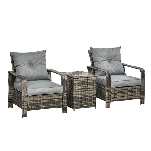 Ensemble de 2 fauteuils de jardin grand confort table basse coffre résine tressée imitation rotin coussins gris