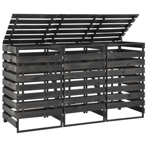 Abri de poubelle triple bois de pin massif peint 210x75x121 cm gris