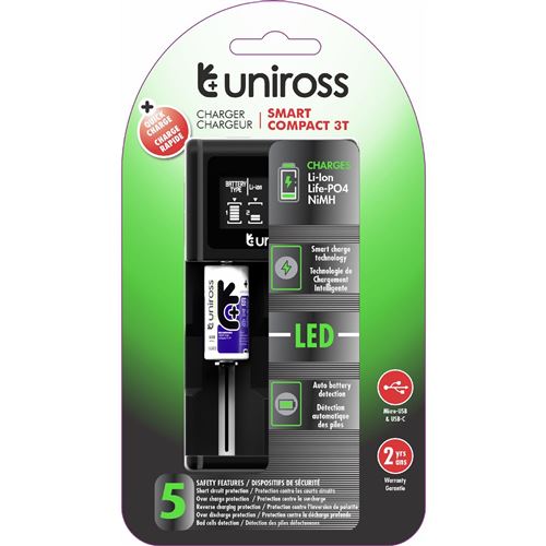 UNIROSS Chargeur Compact 3T LCD, Pour 1 à 2 Piles Lithium 1.2V AA et AAA
