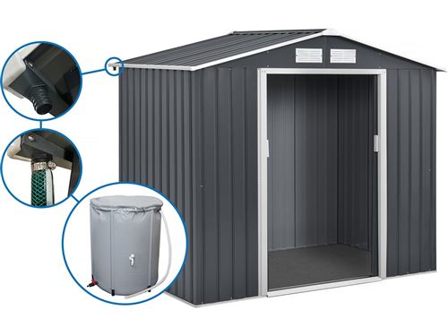 Abri de jardin m&eacute;tal - ""Vegas"" - 5.29 m&sup2; avec goutti&egrave;re et r&eacute;cup&eacute;rateur d'eau 