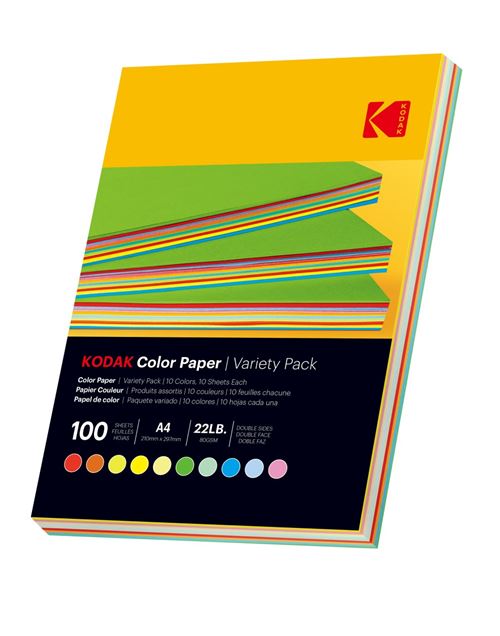 KODAK - Ramette de 100 feuilles papier couleur 80g/m², Format A4 (21x29,7cm) Rouge, Orange, Jaune, Vert, Bleu et Rose - 9891300