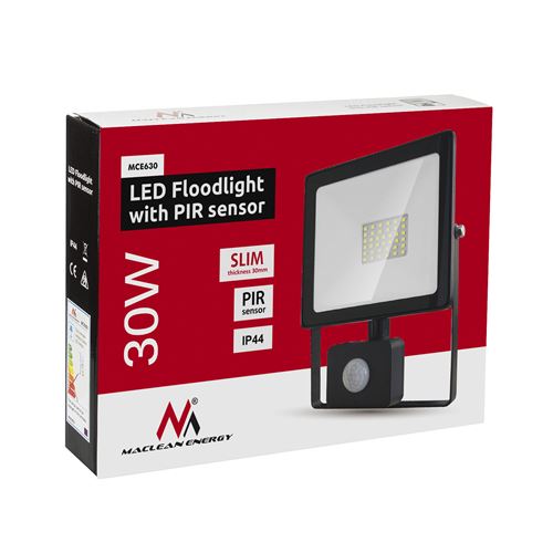 Projecteur LED avec détecteur de mouvement PIR Maclean 2400 lumens éclairage extérieur Spots Slim IP44 étanche aux éclaboussures (30W, blanc chaud 300