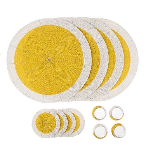 Penguin Home® Set de 12 Sets de Table, Dessous de Verre et Ronds de Serviette en Perles de Verre - Couleur Jaune et Blanc - Sets de Table Ronds - Diamètre - 32 cm