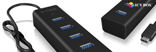 Icy Box hub1409 de C3 4 Compartiment de connexion USB HUB (type C) avec 4 x ports USB 3.0 (type A), câble intégré (40 cm), aluminium, noir