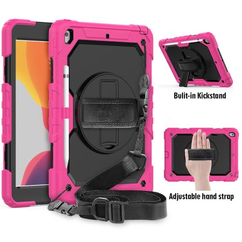 Coque en TPU + Silicone avec béquille pivotante à 360 ° et sangle Rose/noir pour votre Apple iPad 10.2 (2019)