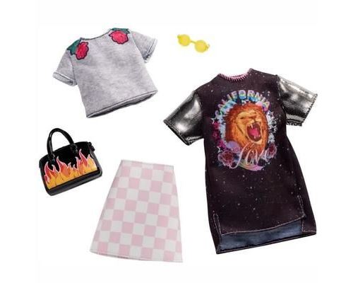 Barbie et ses amies ont fière allure dans ces tenues à la mode! L'ensemble comprend: 1 Chemise Oversize, 1 T-Shirt gris, 1 Jupe, 1